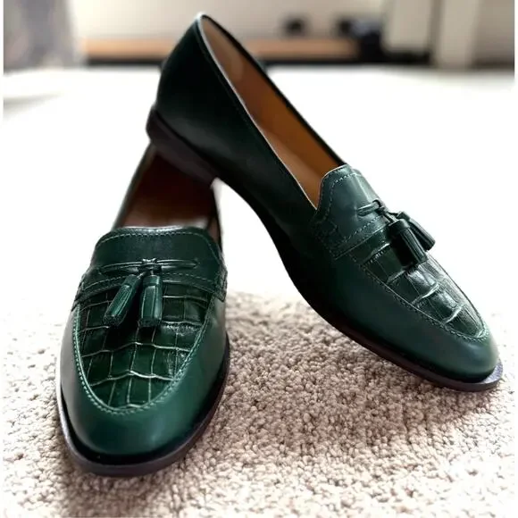 Talbots Leighton 8.5 Emerald Green Leather Tassel Loafers Classic Preppy Flats - Picture 9 of 10